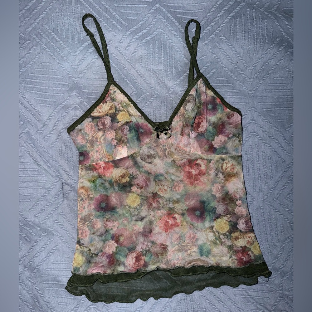Y2k Floral Sheer V-Neck Cami Tank Top - Green Trim